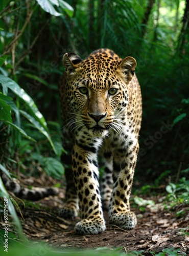 Full body photo of a Leopard hunting in the wild, with a majestic gaze, and beautiful sunlight pouring through the forest leaves, ultra HD high resolution nature photo with beautiful detail and fur