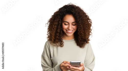 Portrait of a happy woman using mobile phone isolated over transparent background photo