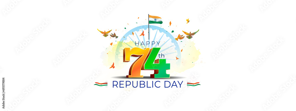 Obraz premium Happy 74th republic day of India 3d Poster design. 26 January 2024 freedom celebration background. Tricolor flag with ashoka chakra illustration.