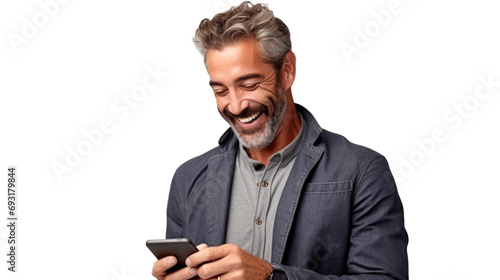 Mid adult man texting phone message on smart phone isolated on transparent background. Happy mixed race guy using app on mobile phone photo