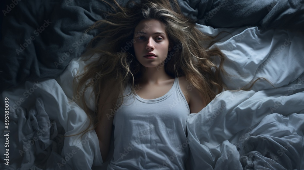 a young woman with insomnia in the bed a young woman with insomnia in the bed