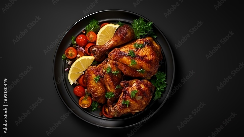 Roasted chicken legs on black plate with parsley and tomatoes on black background. Roasted chicken legs on black plate with parsley and tomatoes on black background.