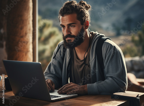 Staying in touch anytime everywhere. Confident man laptop work while sitting on desert stone work or learn remotely on his computer high up on cliff at evening sunset or night. Self isolation photo