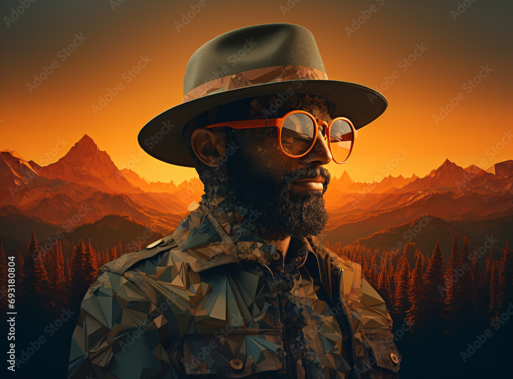 Man with beard and long hair wearing a hat, silhouette in mountain setting with the sunset behind Man with beard and long hair wearing a hat, silhouette in mountain setting with the sunset behind