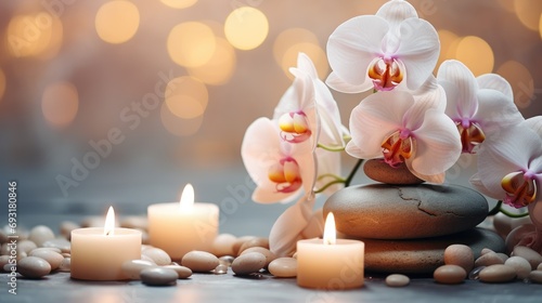 Spa still life with zen stones, orchid flowers and burning candles