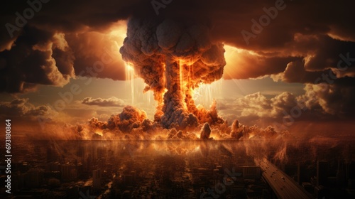 Nuclear explosion over populated city. Fire mushroom cloud. Nuclear blast of atomic bomb. Apocalypse, war. AI Generated photo