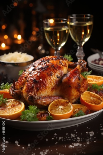 Roasted turkey on the plate. Traditional festive food for Christmas or Thanksgiving. AI Generated
