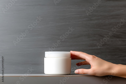 Female hands holding jar of cosmetic cream Cosmetic beauty product branding mockup
