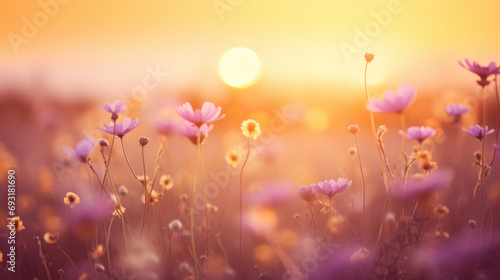 Wide field of wildflowers in summer sunset, panorama blur background. Autumn or summer wildflowers background. Shallow depth of field © Bela