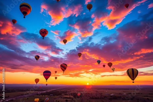 Hot air balloons against the sunset sky, panoramic view of horizon. photo