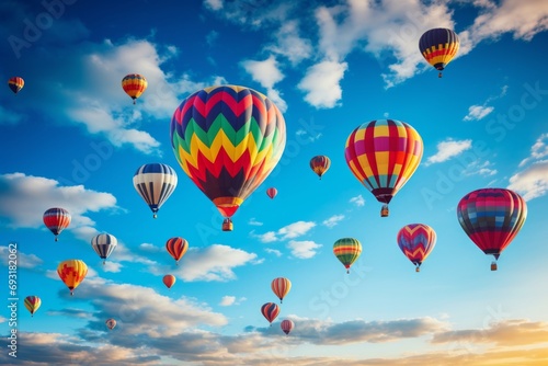 Beautiful hot air balloons against the sky, aerial view of rising balloons on cloudscape.