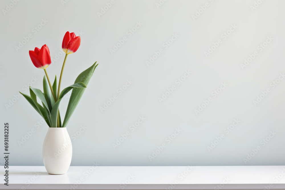 A Single Red Tulip in a White Vase on a Clean Desk.