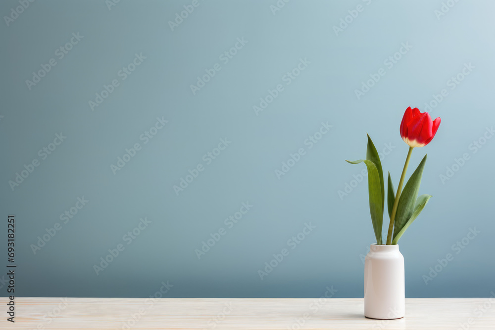 A Single Red Tulip in a White Vase on a Clean Desk. A Single Red Tulip in a White Vase on a Clean Desk.