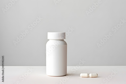 White medicine bottle mockup. Blank label vitamin template. Pills jar isolated on grey background 