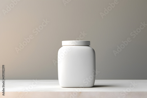White medicine bottle mockup. Blank label vitamin template. Pills jar isolated on grey background 