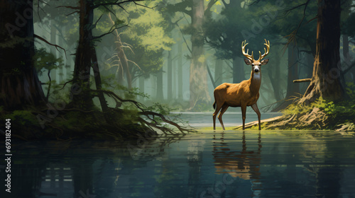 A deer is standing in the middle of the water in a wild
