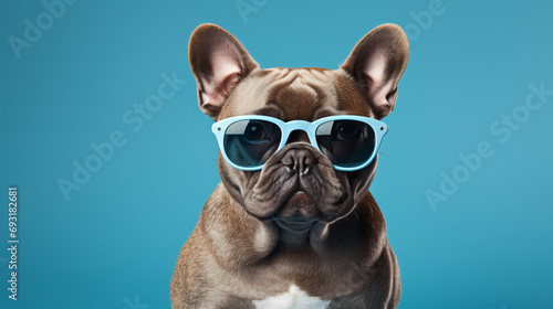  A dogs dressed in a blue shirt and sunglasses