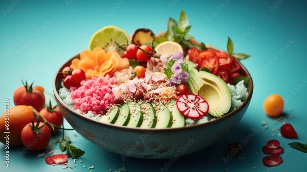 a bowl of assorted fruits and vegetables on a blue surface with other fruits and vegetables around it, including tomatoes, cucumbers, avocado, kiwi, and oranges. a bowl of assorted fruits and vegetables on a blue surface with other fruits and vegetables around it, including tomatoes, cucumbers, avocado, kiwi, and oranges.