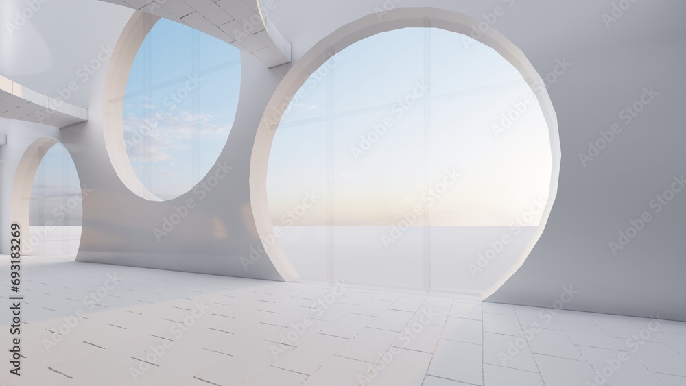Architecture interior background empty room with round windows 3d render - obrazy, fototapety, plakaty 