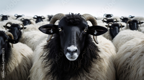 This captivating image captures a black sheep standing out among a group of white sheep against a clean backdrop, representing distinctiveness and diversity.