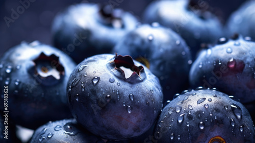 Fresh bilberries or blueberries glisten with water droplets in a close-up shot.