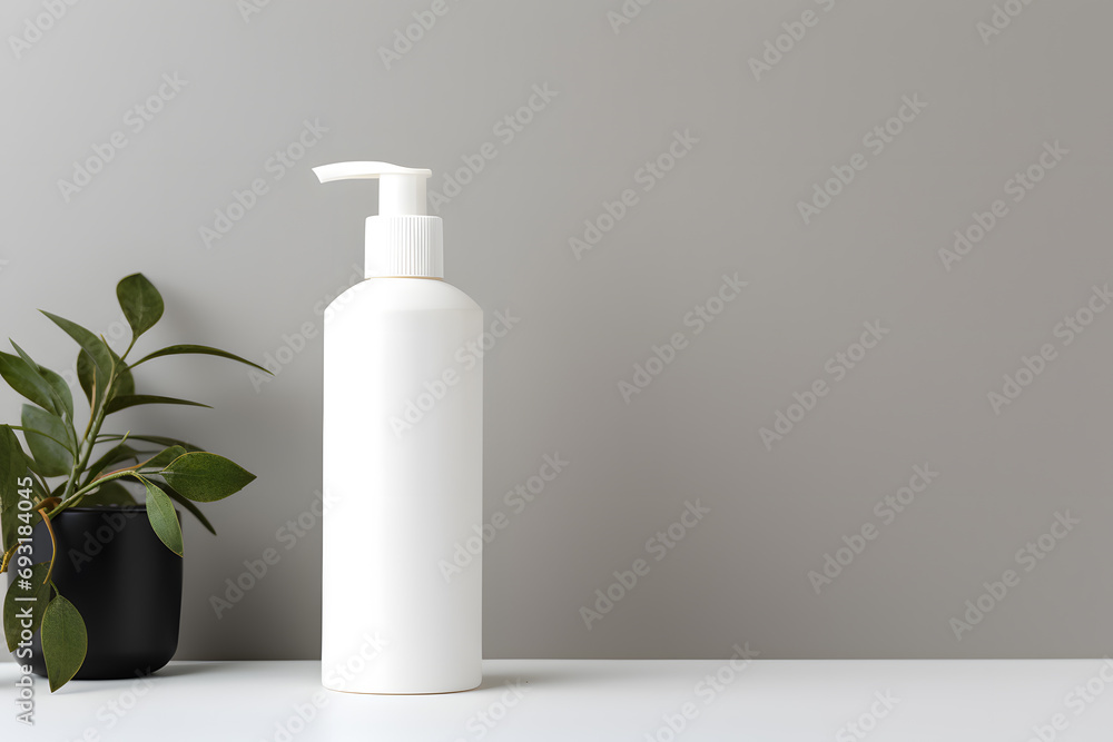 White empty cosmetic liquid dispenser bottle of soap, lotion, shampoo or shower gel mock up isolated in modern bathroom interior White empty cosmetic liquid dispenser bottle of soap, lotion, shampoo or shower gel mock up isolated in modern bathroom interior