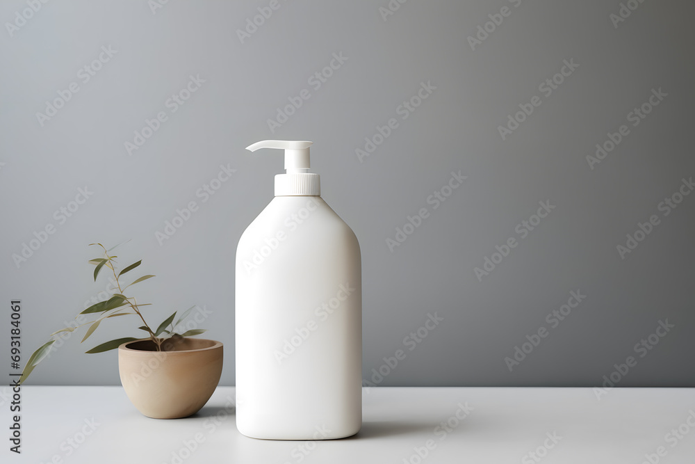 White empty cosmetic liquid dispenser bottle of soap, lotion, shampoo or shower gel mock up isolated in modern bathroom interior White empty cosmetic liquid dispenser bottle of soap, lotion, shampoo or shower gel mock up isolated in modern bathroom interior