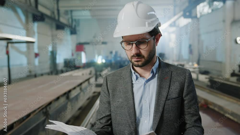 Caucasian man investor holding new project work of industrial production zone he looking around and have a thinking face he wearing safety helmet Caucasian man investor holding new project work of industrial production zone he looking around and have a thinking face he wearing safety helmet