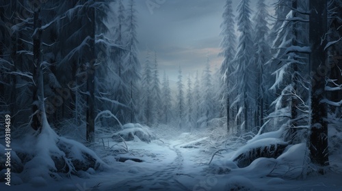  a painting of a snowy forest scene with a path through the woods and a full moon in the sky above the trees and snow on the ground are snow covered ground.