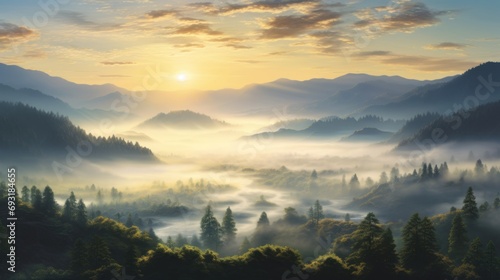  a painting of the sun setting over a mountain valley with trees in the foreground and fog in the air, with the sun shining through the clouds in the distance.