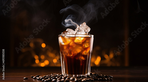 A glass of iced coffee with ice and coffee beans on table