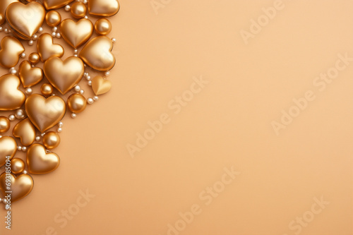 Golden hearts on golden background with blank space. Cute Love or Valentine's Day background. 