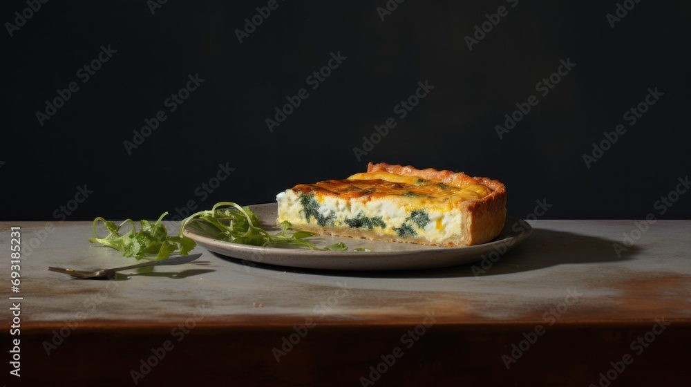  a plate with a piece of quiche on it next to a leafy green garnish on the side of the plate, on a wooden table with a dark background.