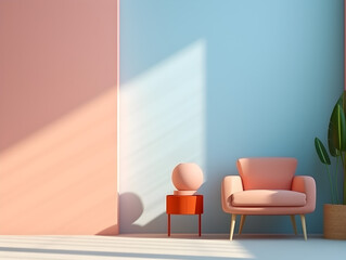 Crédence de cuisine Pantone 2024 Peach Fuzz Interior design with a modern armchair in pastel peach fuzz and pastel blue wall, light and shadows  © TatjanaMeininger