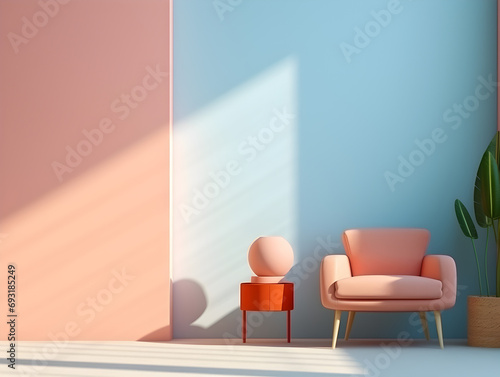 Interior design with a modern armchair in pastel peach fuzz and pastel blue wall, light and shadows photo