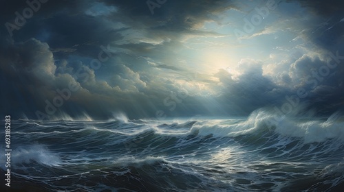  a painting of the sun shining through the clouds over a large body of water with waves in the foreground and a boat in the distance in the foreground.