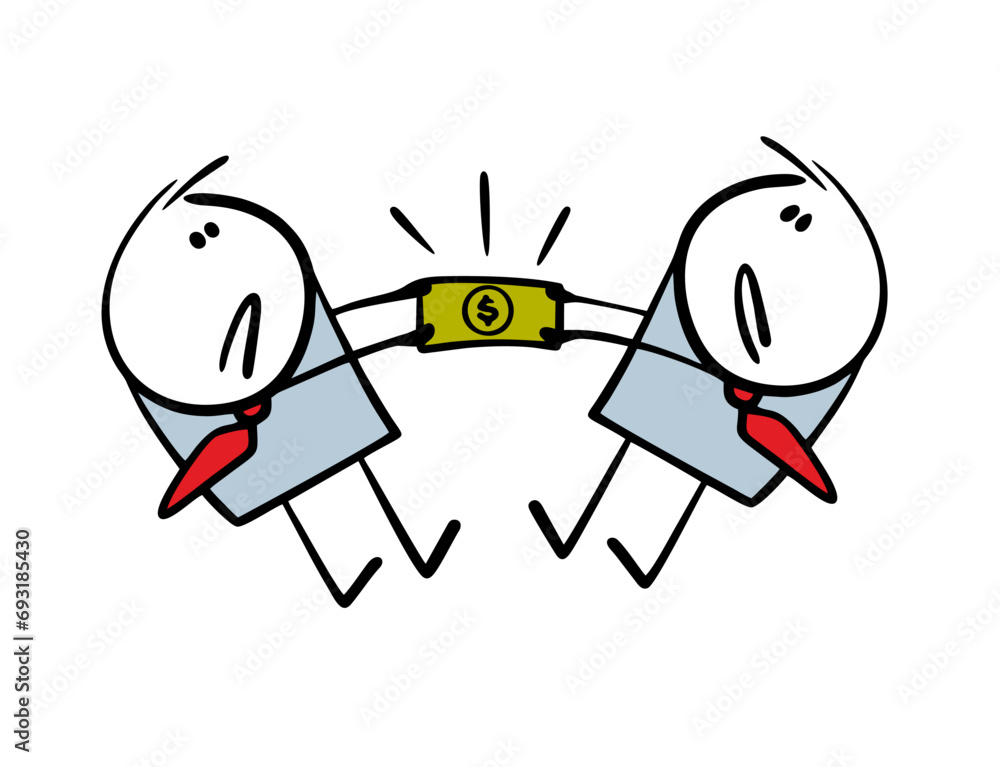 Fototapeta premium Two disgruntled businessmen can not split dollar. Vector illustration of two men pulling a paper bill, fighting with a competitor. Isolated cartoon caricature on white background.