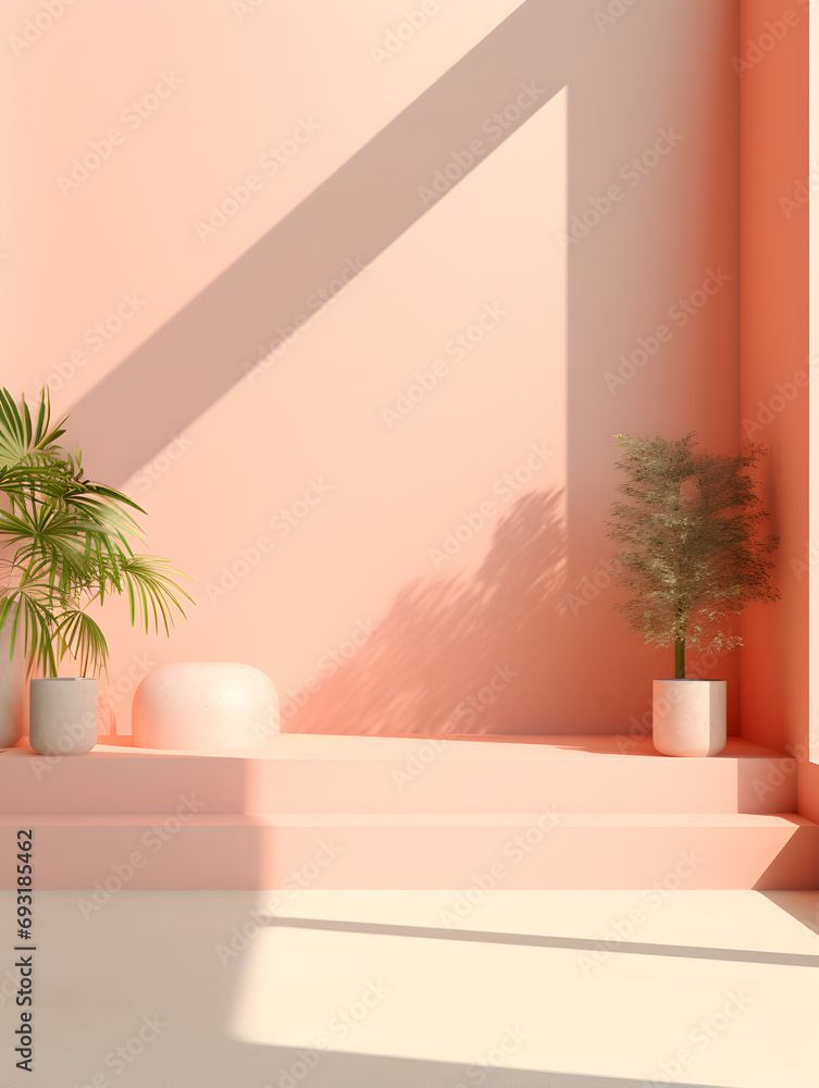 Modern minimalistic mock up scene in peach fuzz color with free space for product presentation Modern minimalistic mock up scene in peach fuzz color with free space for product presentation