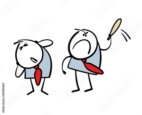 Boss of a commercial firm beats his subordinate with a stick. Vector illustration of an aggressive businessman offending weak competitor or colleague. Isolated cartoon caricature on white background.