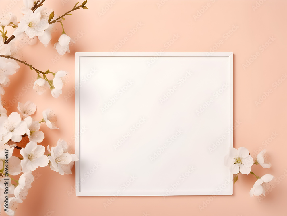 Minimalistic white frame mock up with peach fuzz color wall background and flowers