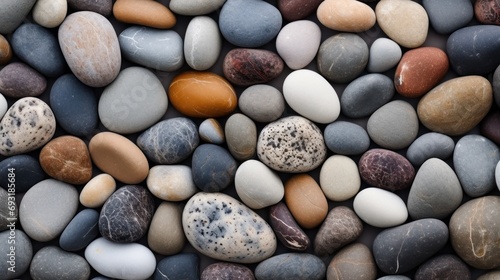  a close up of a pile of rocks with different colors and sizes of rocks on top of one another with black dots on the rocks and white dots on the top of the rocks.