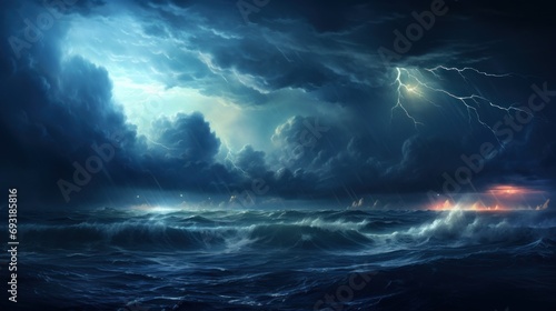  a painting of a storm in the middle of the ocean with a boat in the foreground and a boat in the middle of the water in the foreground.