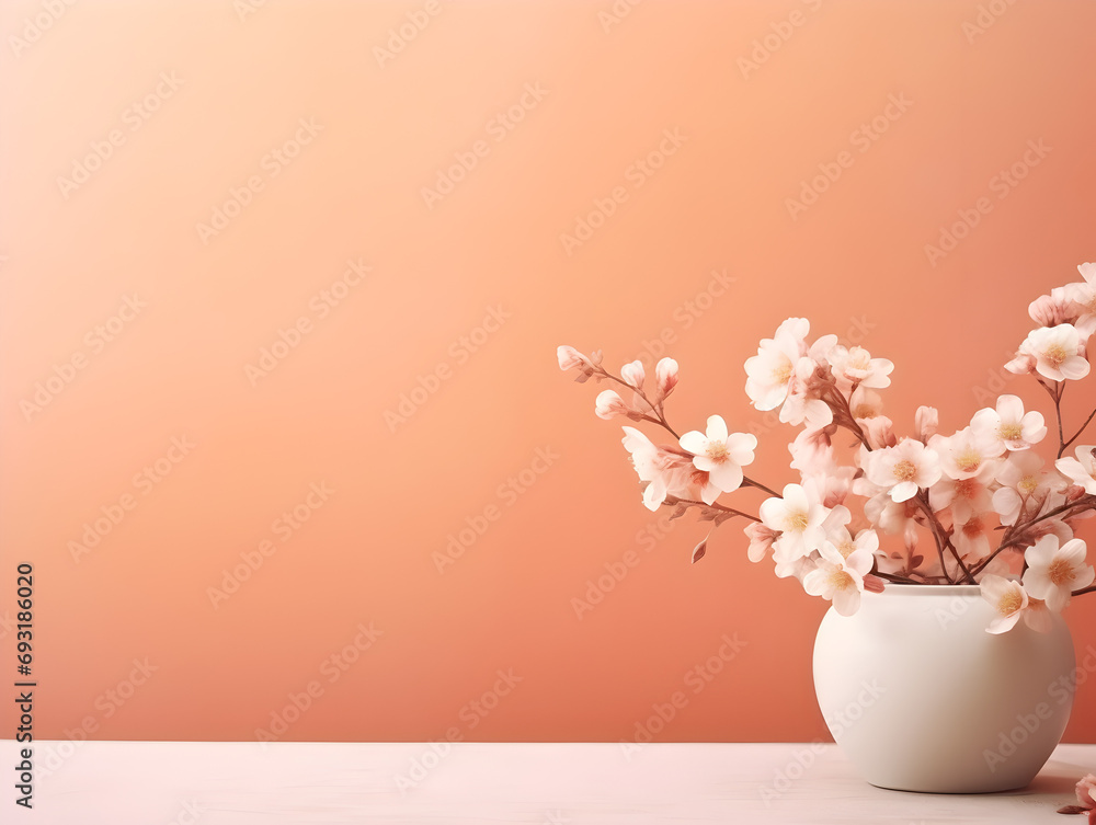 Abstract mock up background with pastel pink flowers and soft peach fuzz color wall with cops space 