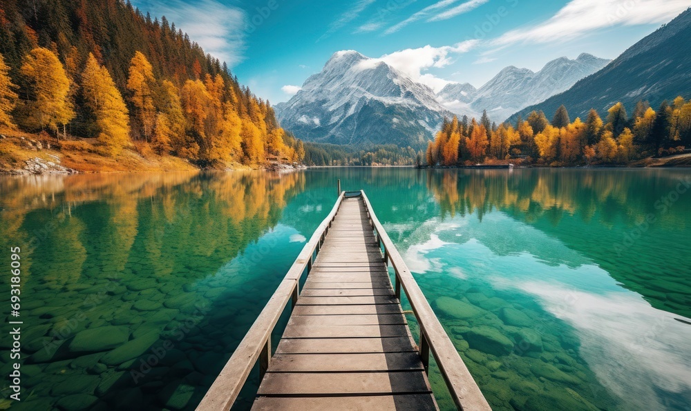 Mountain Majesty: Saturated Turquoise Lake in Fall with Reflections and Wooden Pier

