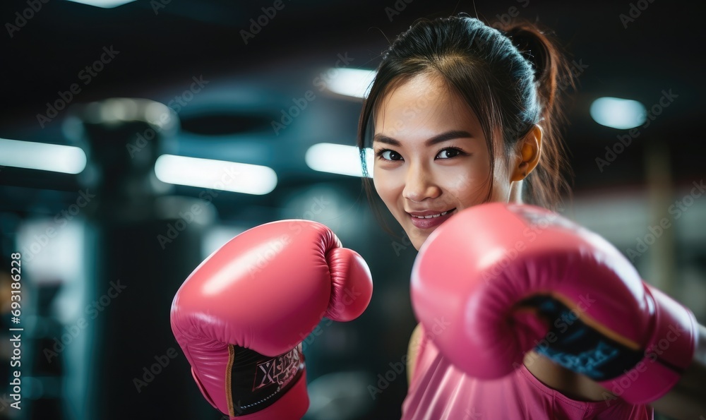 Radiant Woman Empowers with Pink Boxing Gloves in Energetic Fitness Punch on a White Background