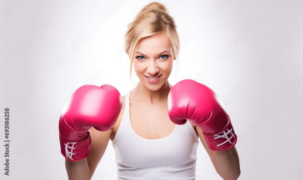 Radiant Woman Empowers with Pink Boxing Gloves in Energetic Fitness Punch on a White Background Radiant Woman Empowers with Pink Boxing Gloves in Energetic Fitness Punch on a White Background