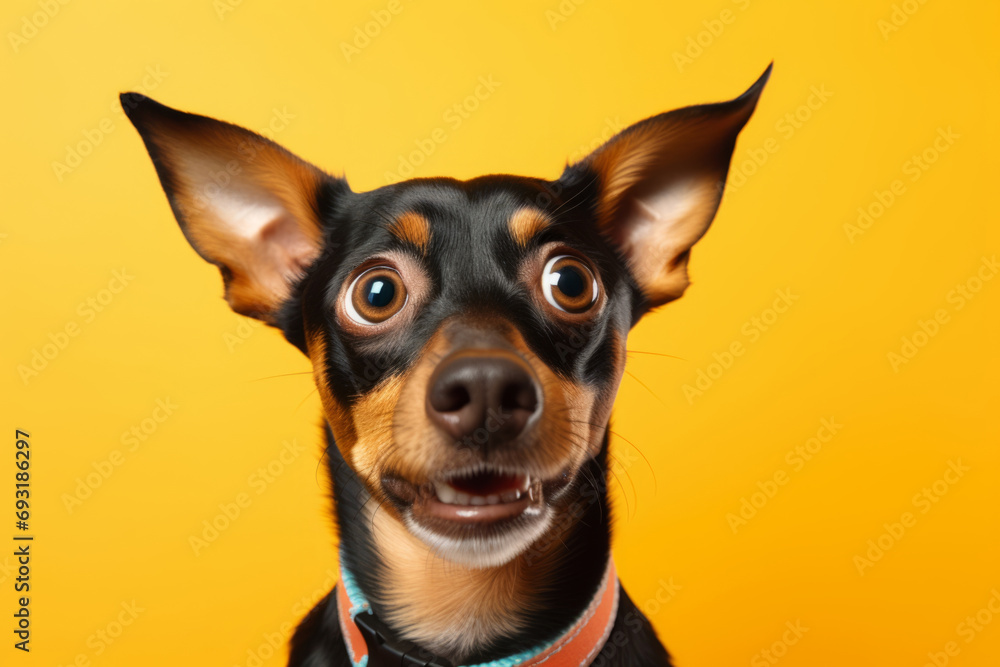 Funny dog with surprised expression. Puppy looks intimidated and surprised. Generative AI