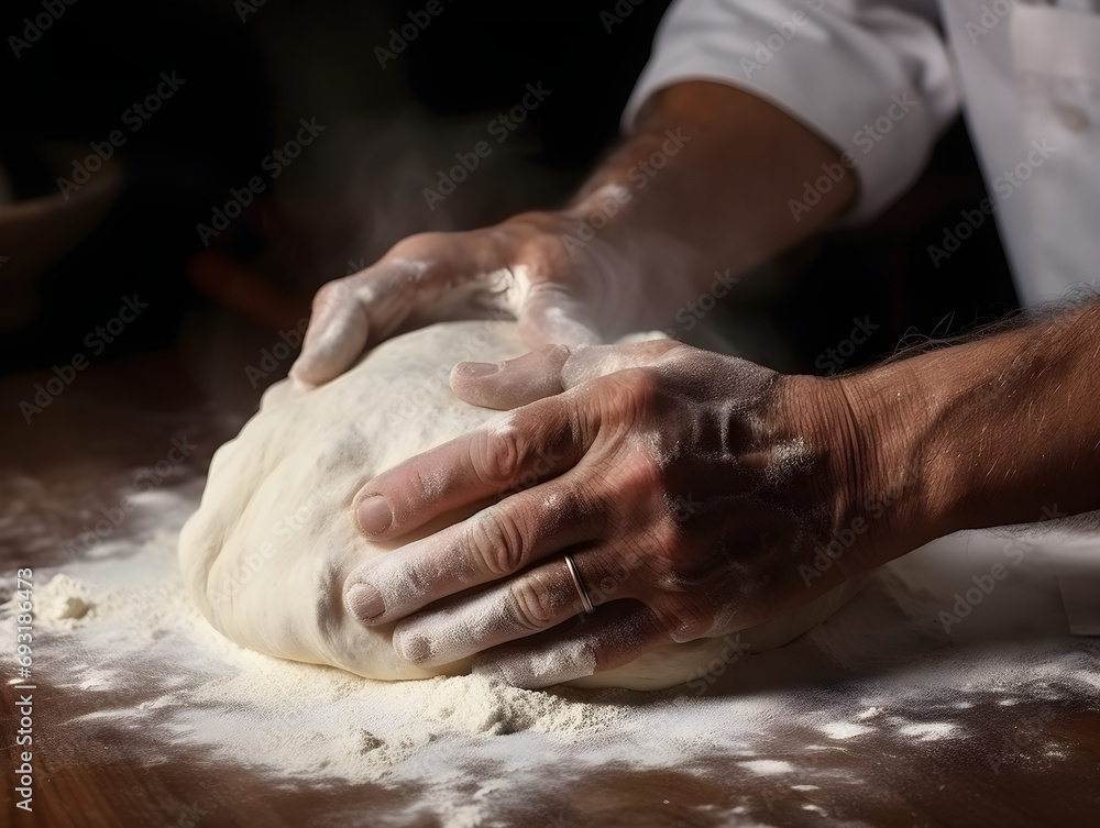 Close-up shot of a baker's hands kneading dough