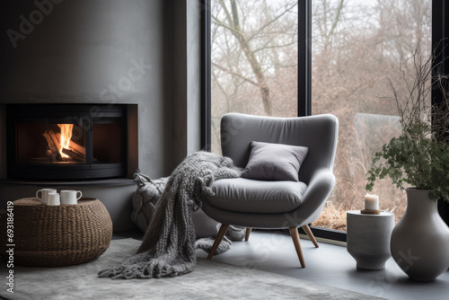 Cozy living room with armchair and fireplace near the window. Scandinavian home interior design. Generative AI