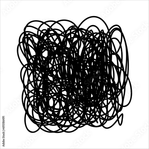 Scribble chaotic thin line. Doodle chaotic sketch line, curls, swirl, twirl, thread, flourishes, chaotic lines. Simple ink mess line element isolated on white. Hand drawn sketch depressive chaos line